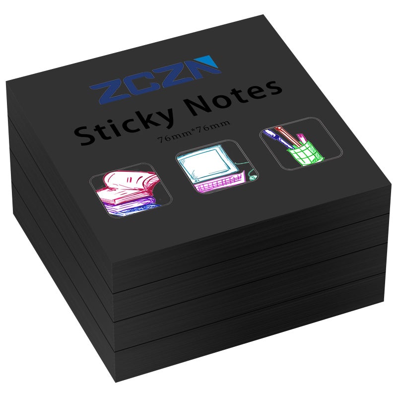 ZCZN Black Sticky Notes,3 x 3 in,100 Sheets/Pad,4 Pads/Pack - Image 1